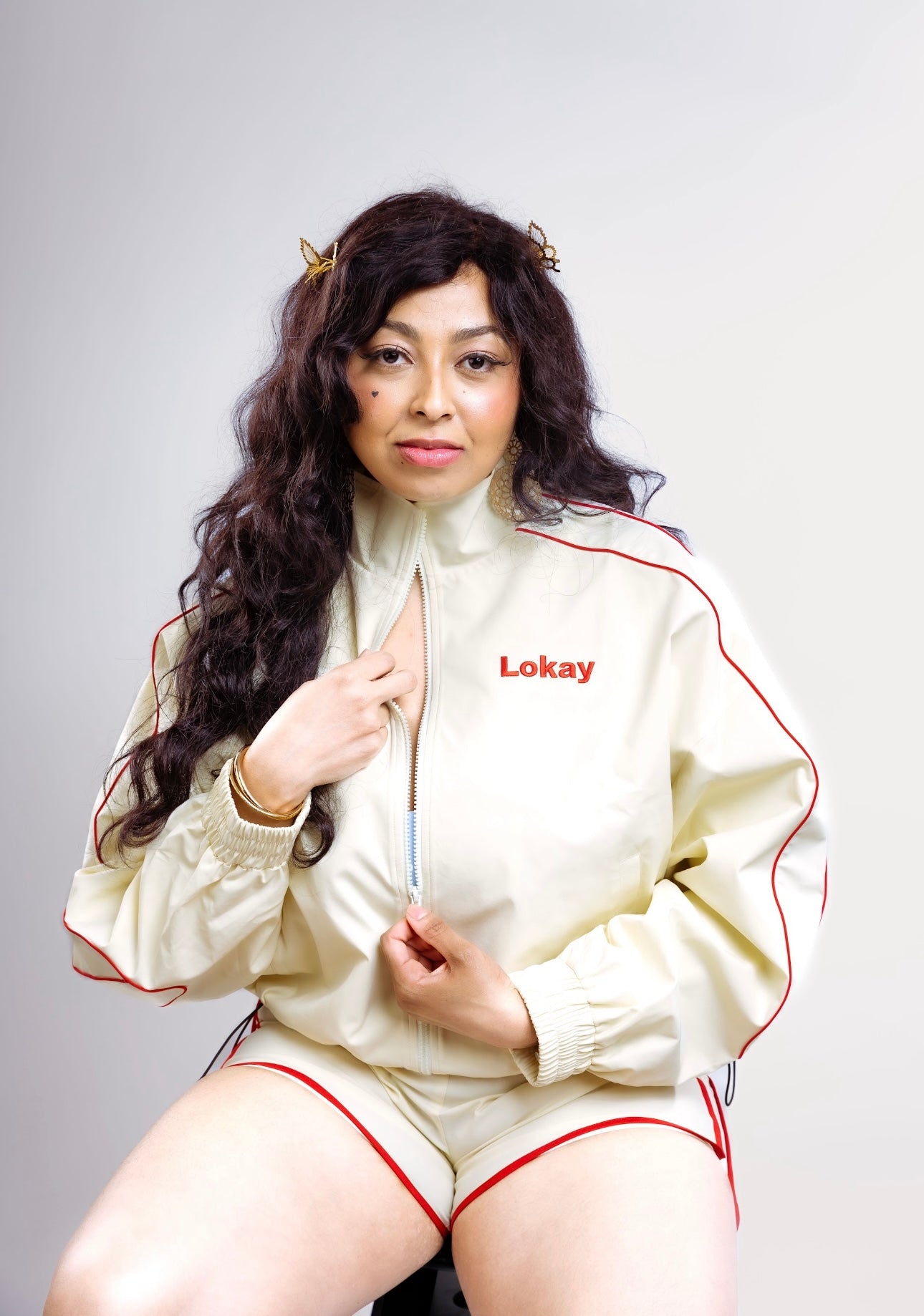 Cream Track Jacket by Lokay - Burgundy Details | Elevated Athleisure