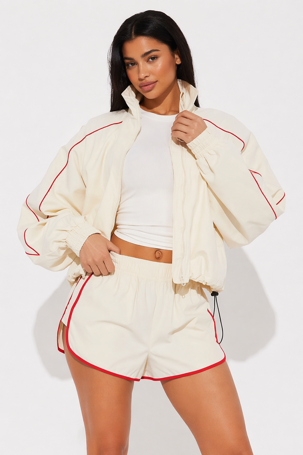 Cream Track Shorts by Lokay - Burgundy Piping | Elevated Sport